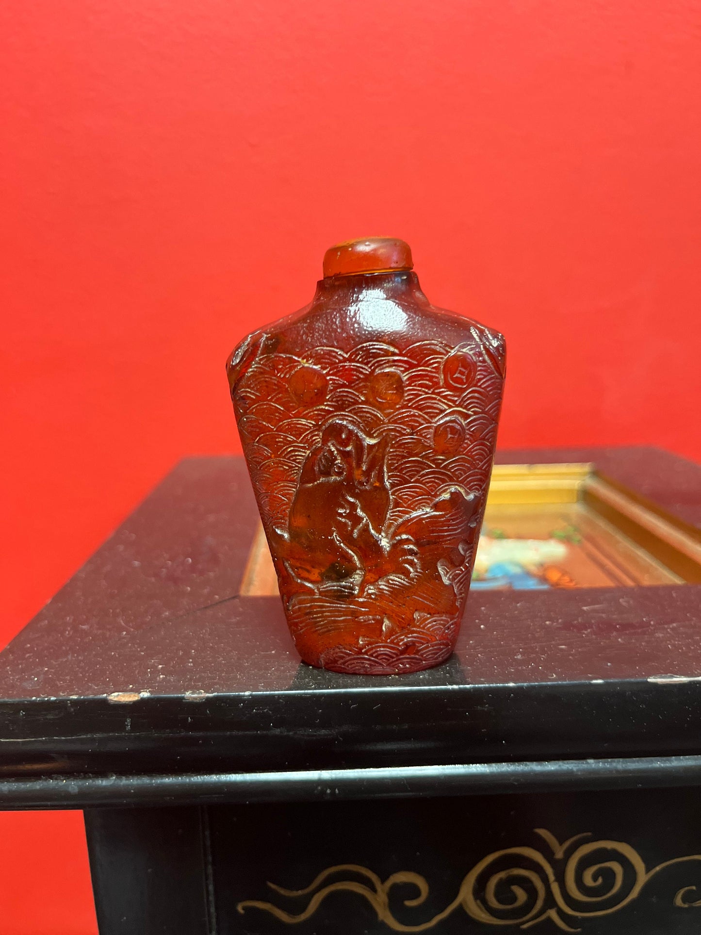 Rare antique Chinese museum quality carved amber snuff bottle with mystical beast decoration  wonderful piece