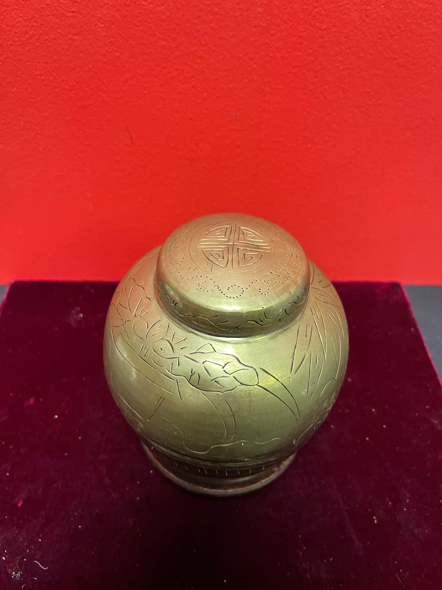 Lovely 6 inch Chinese brass lidded canister on Rosewood Stan