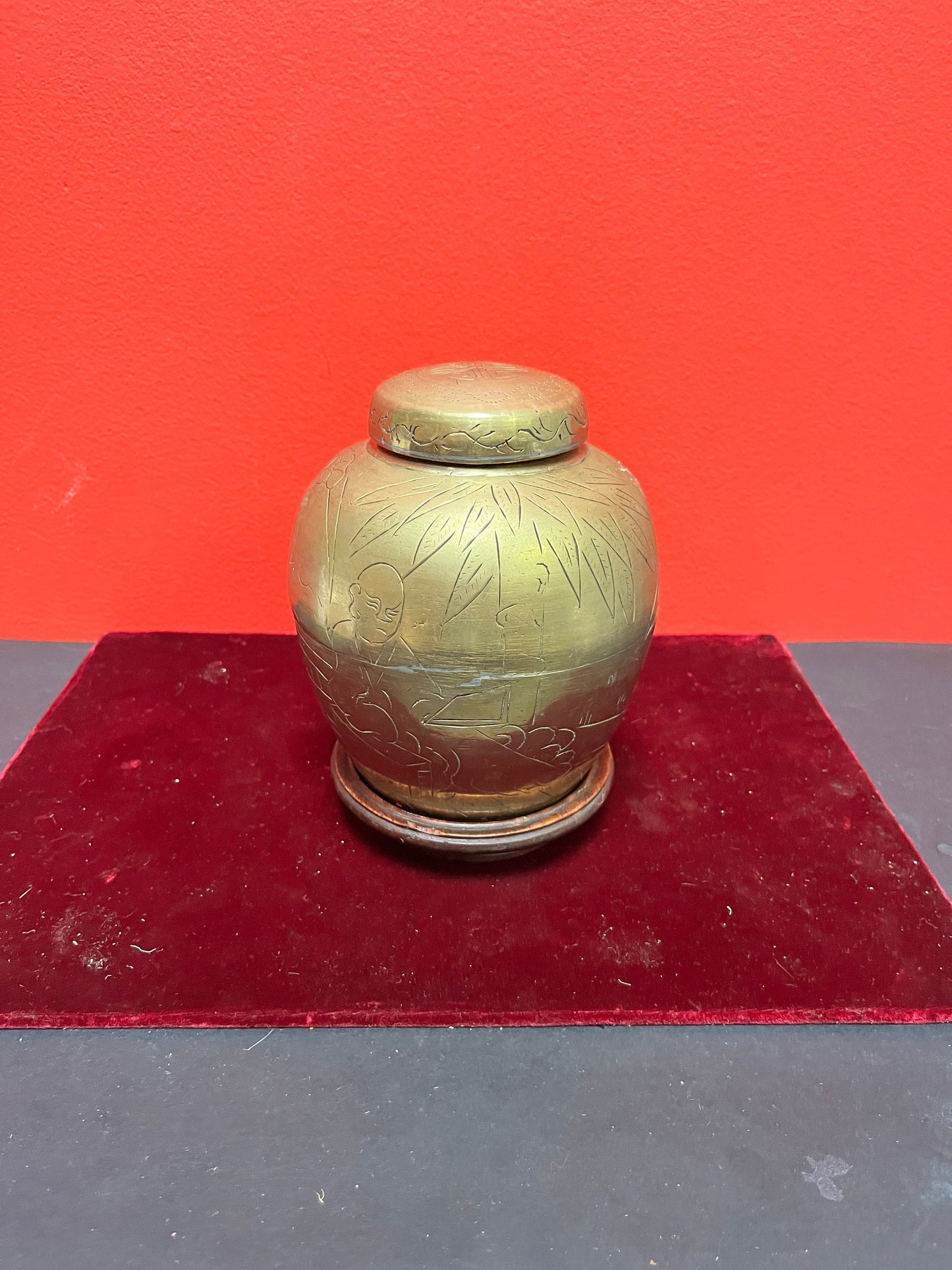 Lovely 6 inch Chinese brass lidded canister on Rosewood Stan