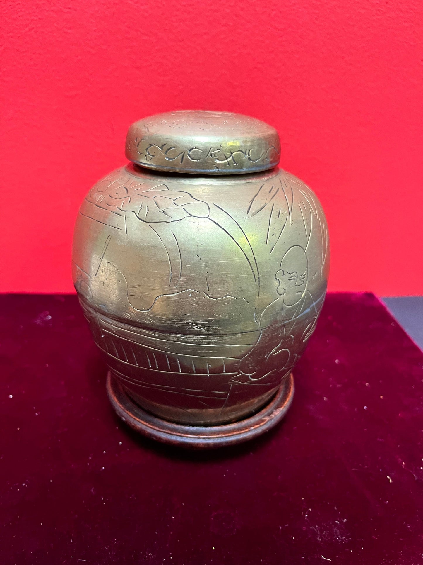 Lovely 6 inch Chinese brass lidded canister on Rosewood Stan