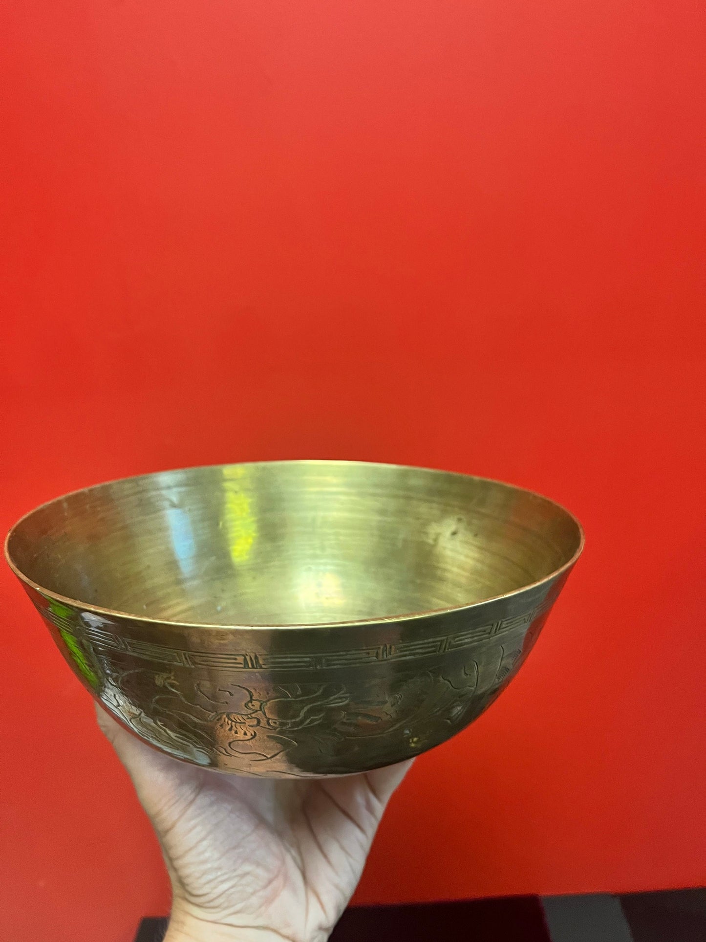 Chinese old 9 inch heavy brass bowl  dragons galore