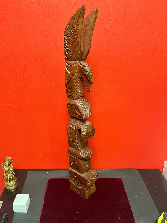 Lovely 28 inch tall indigenous first nations pacific north west coast signed cedar totem pole   eagle transformation