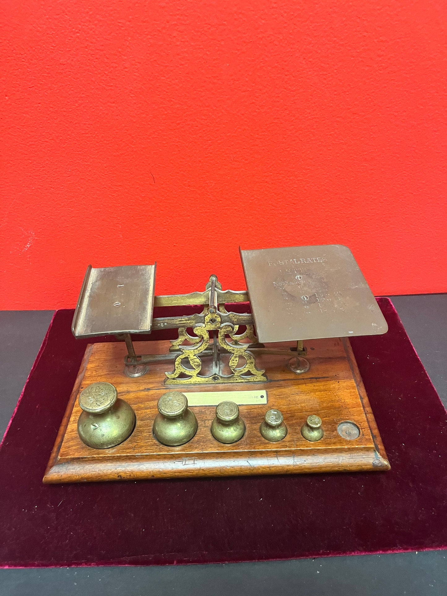Fabulous antique  9 x 5 x 2 high brass and wood letter postal scales  - beauties