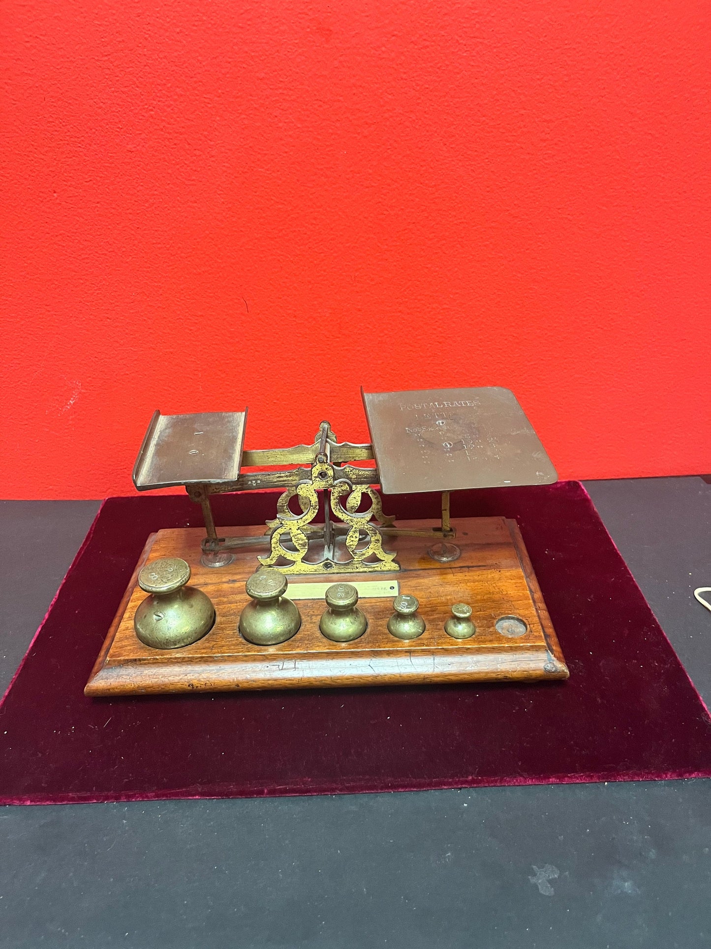 Fabulous antique  9 x 5 x 2 high brass and wood letter postal scales  - beauties