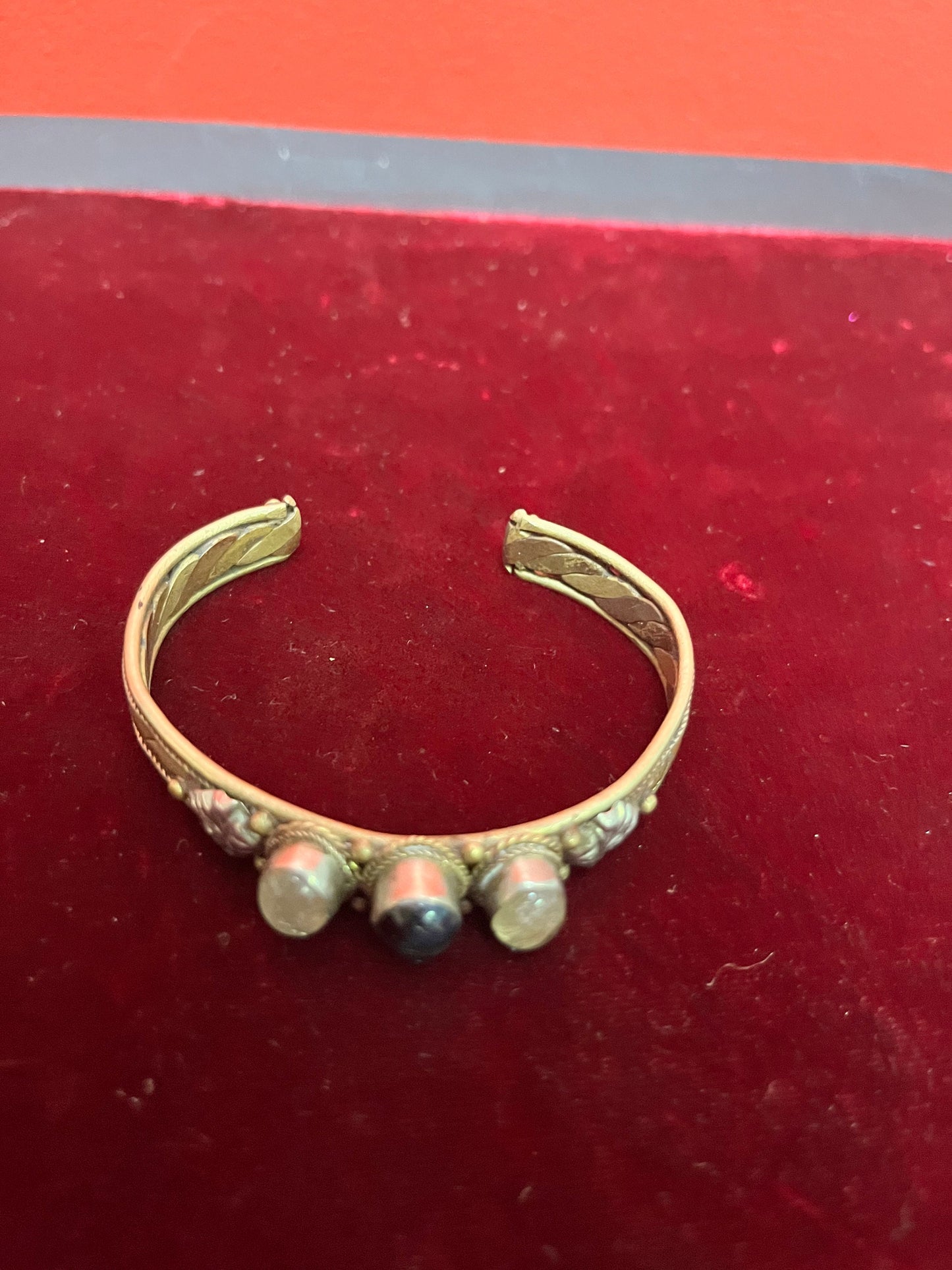 3 inch lovely copper silver and brass bracelet with cartouches  very cool