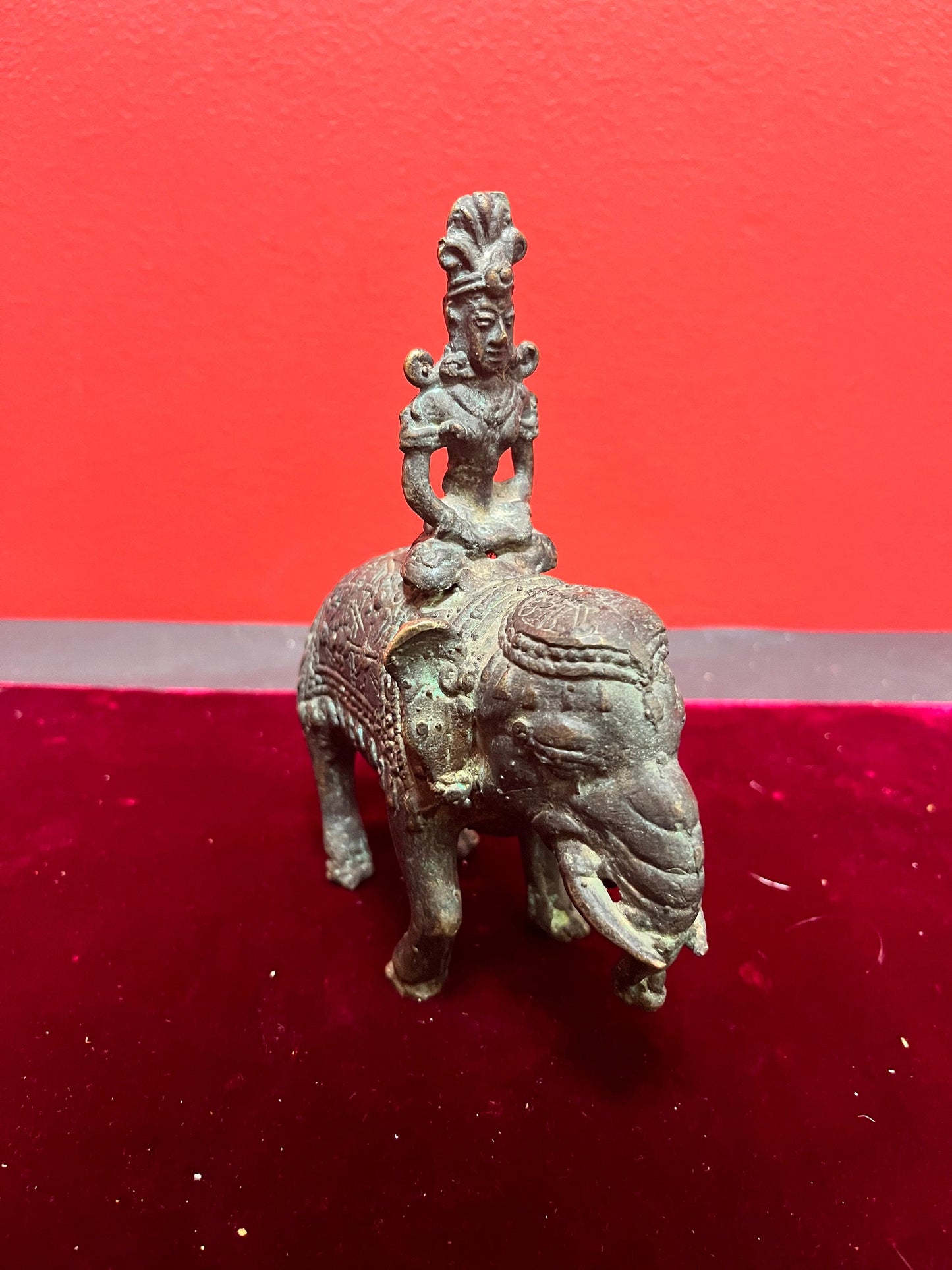 Lovely 5 x 6 high antique Indian bronze goddess on elephant  Great Patina.
