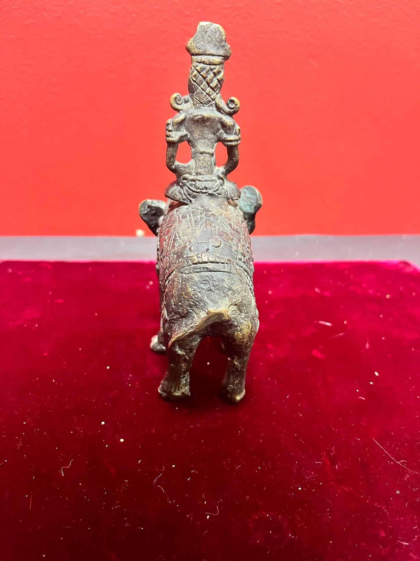 Lovely 5 x 6 high antique Indian bronze goddess on elephant  Great Patina.
