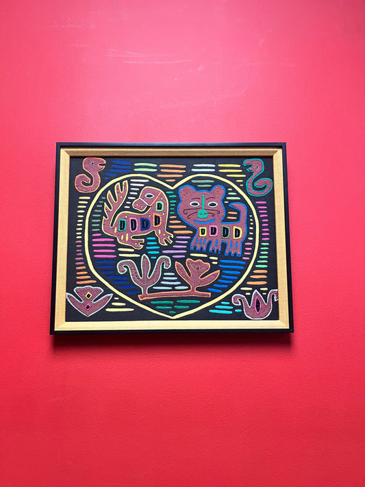 A  17 x 14 high fabulous South American mola on frame  wonderful detail and quality  great imagery