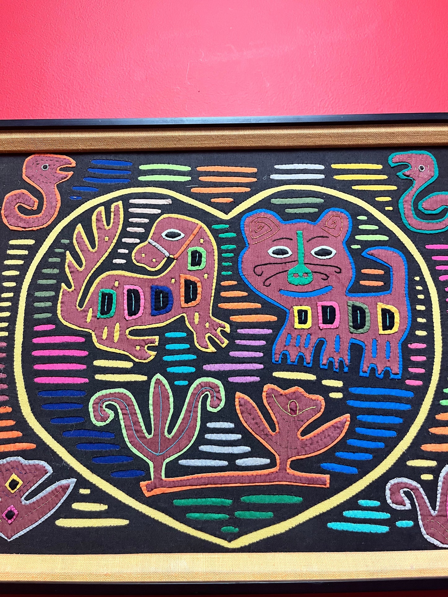 A  17 x 14 high fabulous South American mola on frame  wonderful detail and quality  great imagery