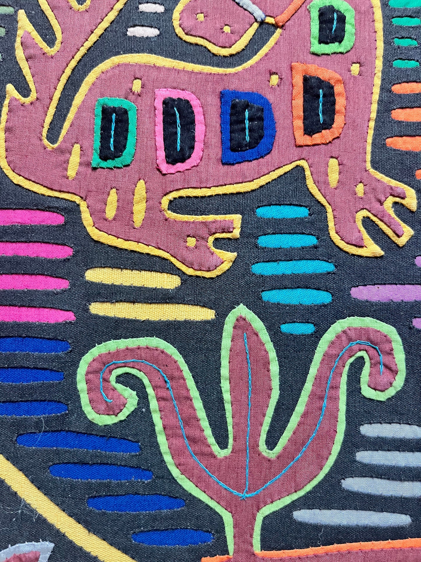 A  17 x 14 high fabulous South American mola on frame  wonderful detail and quality  great imagery