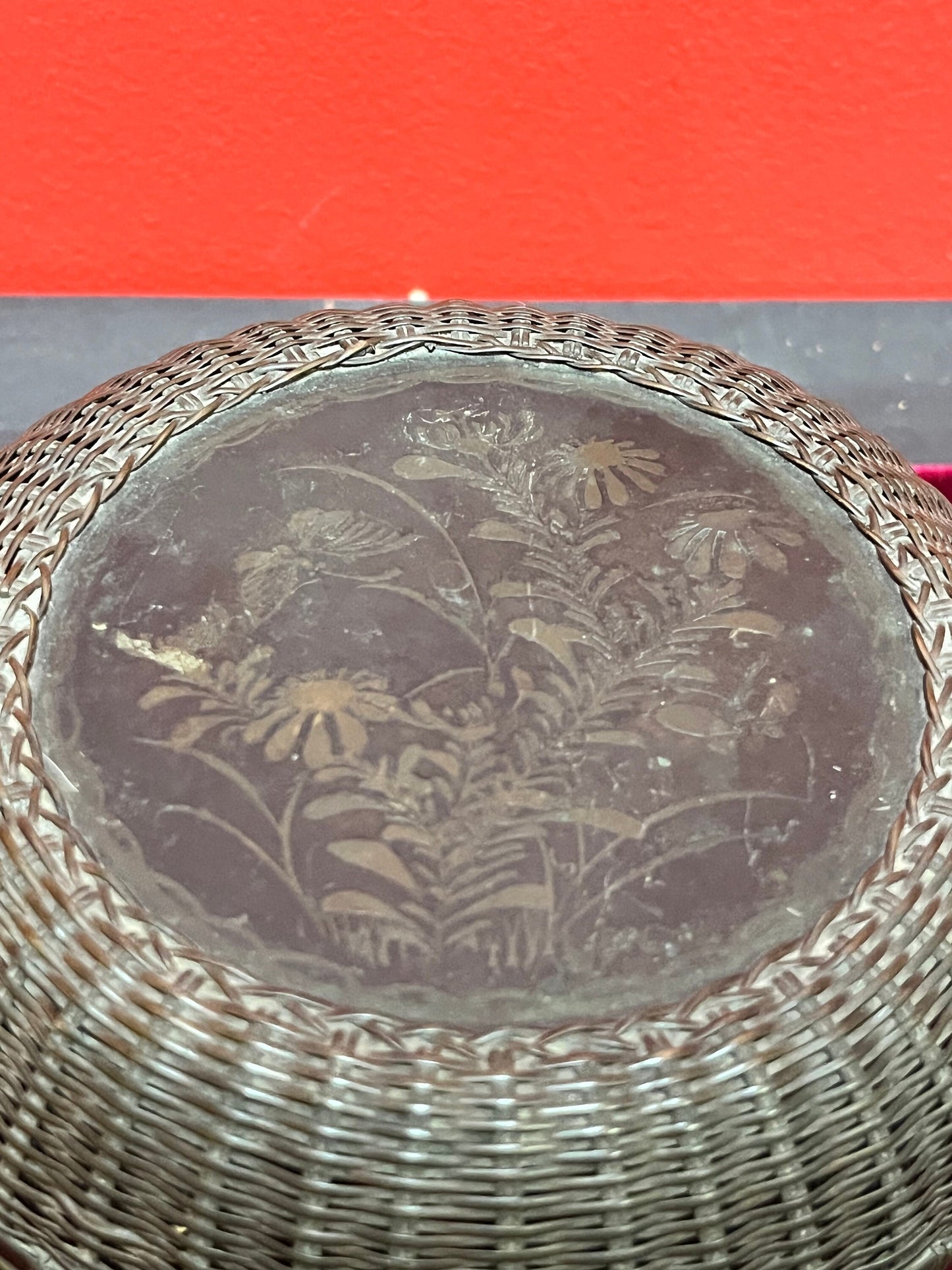Unusual 19 century Japanese wicker and bronze box   lid fits exactly  great Patina About 6 x 4 high