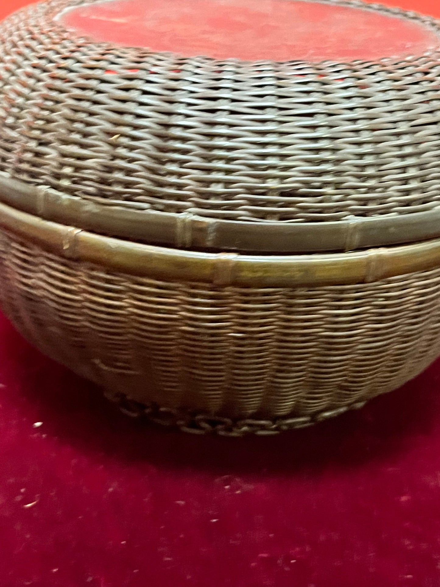 Unusual 19 century Japanese wicker and bronze box   lid fits exactly  great Patina About 6 x 4 high