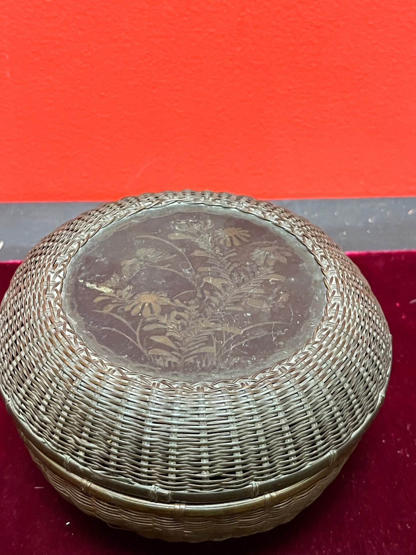 Unusual 19 century Japanese wicker and bronze box   lid fits exactly  great Patina About 6 x 4 high