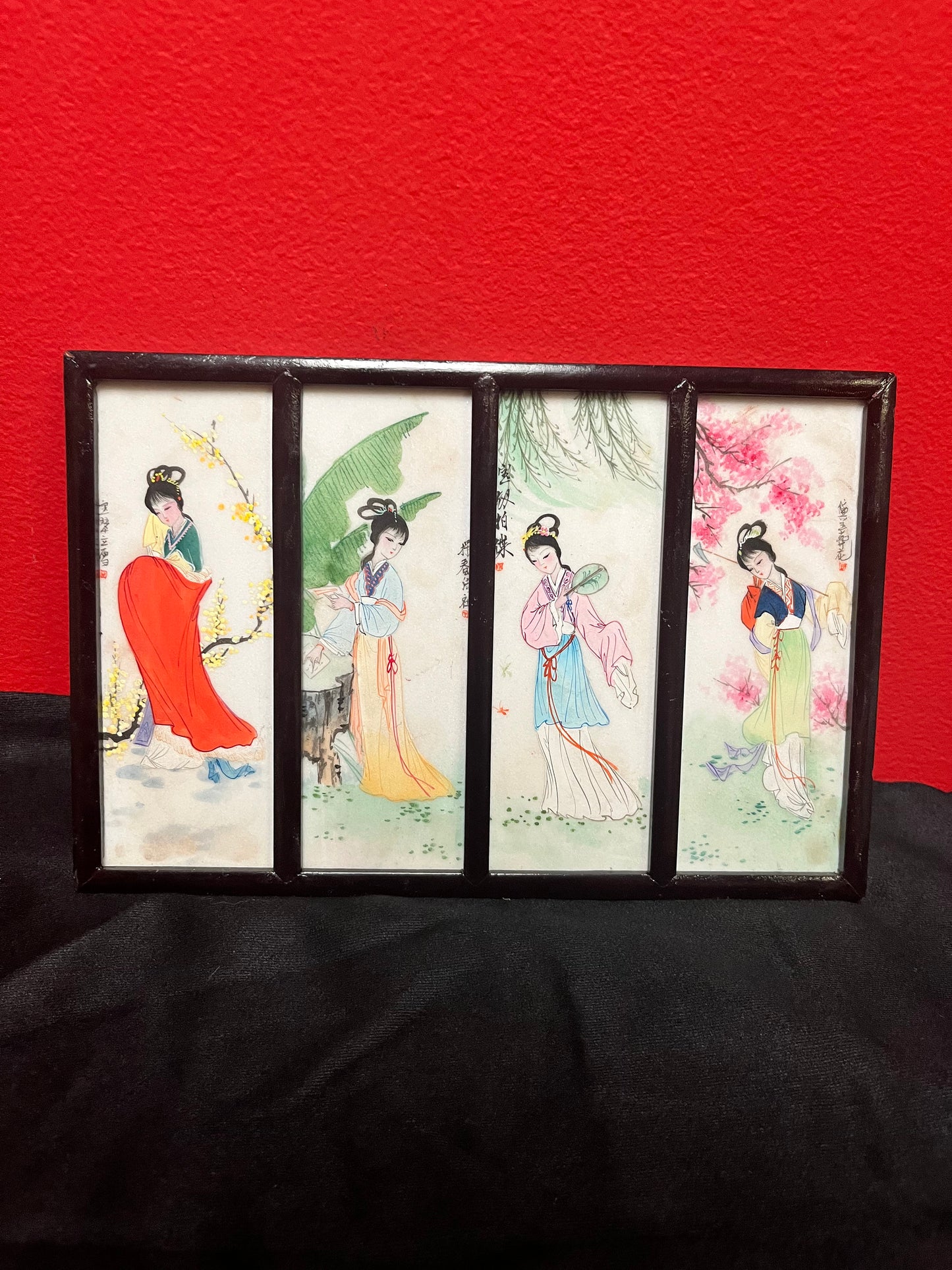 9 x 7 signed Chinese, four seasons, Rosewood and porcelain handpainted plaque