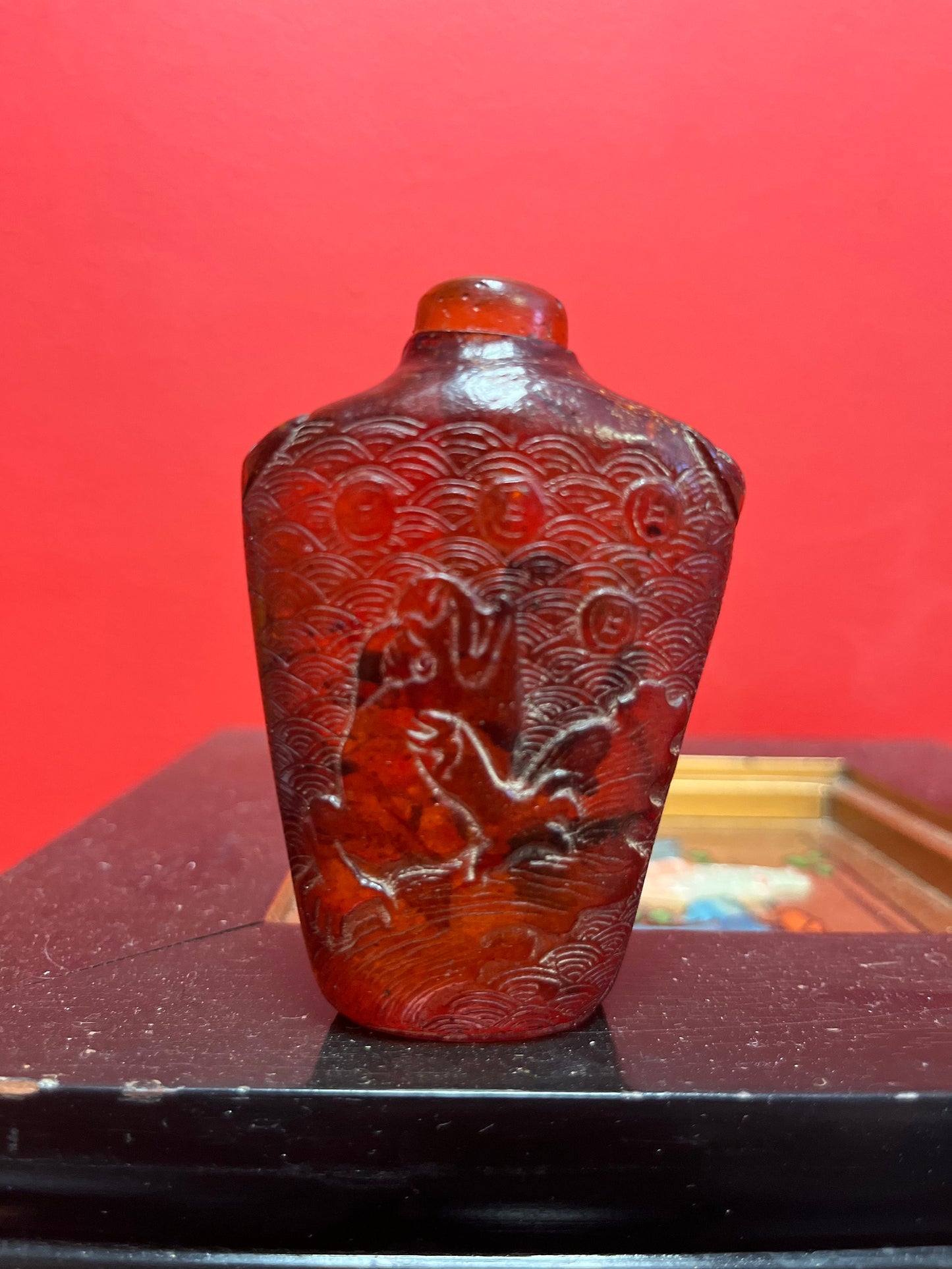 Rare antique Chinese museum quality carved amber snuff bottle with mystical beast decoration  wonderful piece