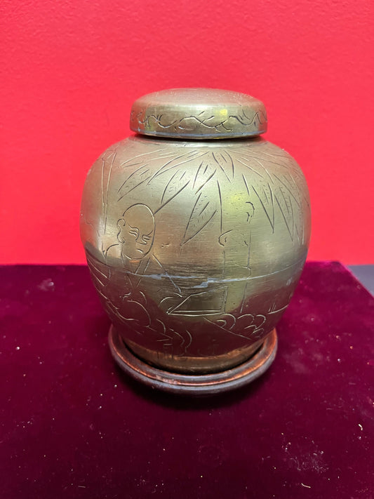 Lovely 6 inch Chinese brass lidded canister on Rosewood Stan