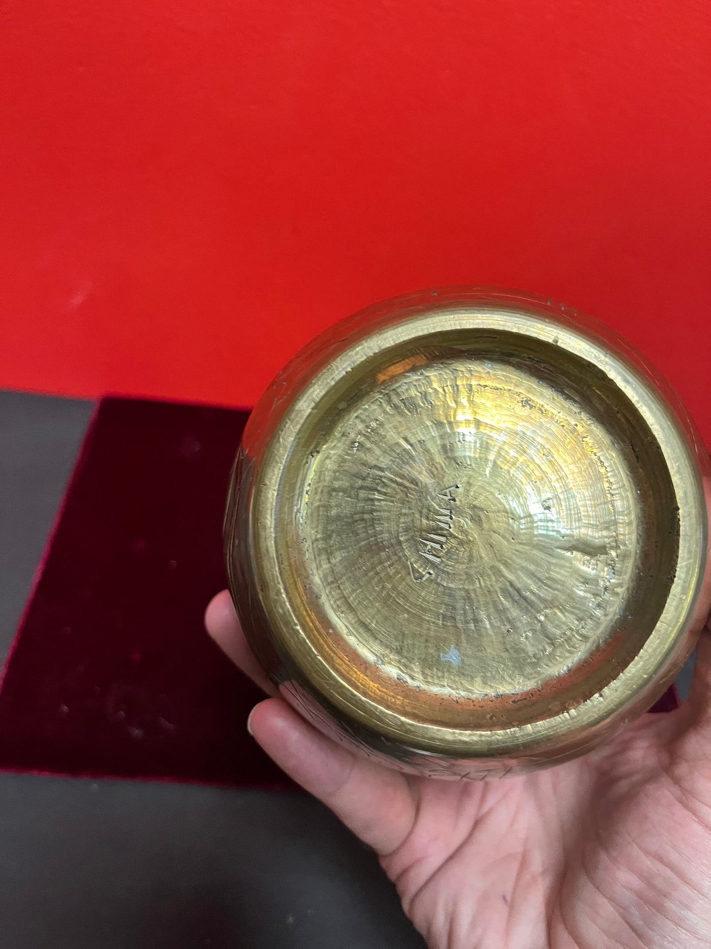 Lovely 6 inch Chinese brass lidded canister on Rosewood Stan