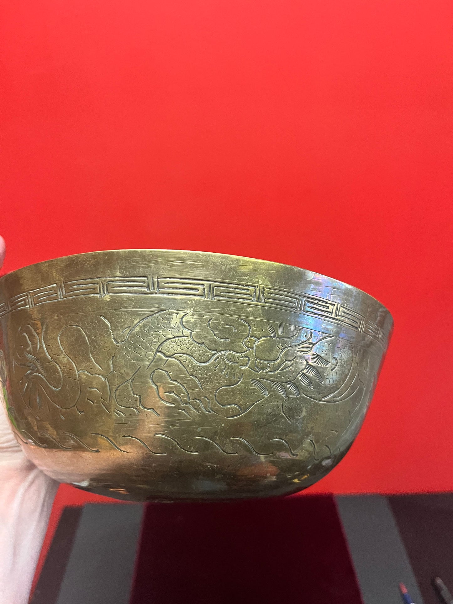 Chinese old 9 inch heavy brass bowl  dragons galore