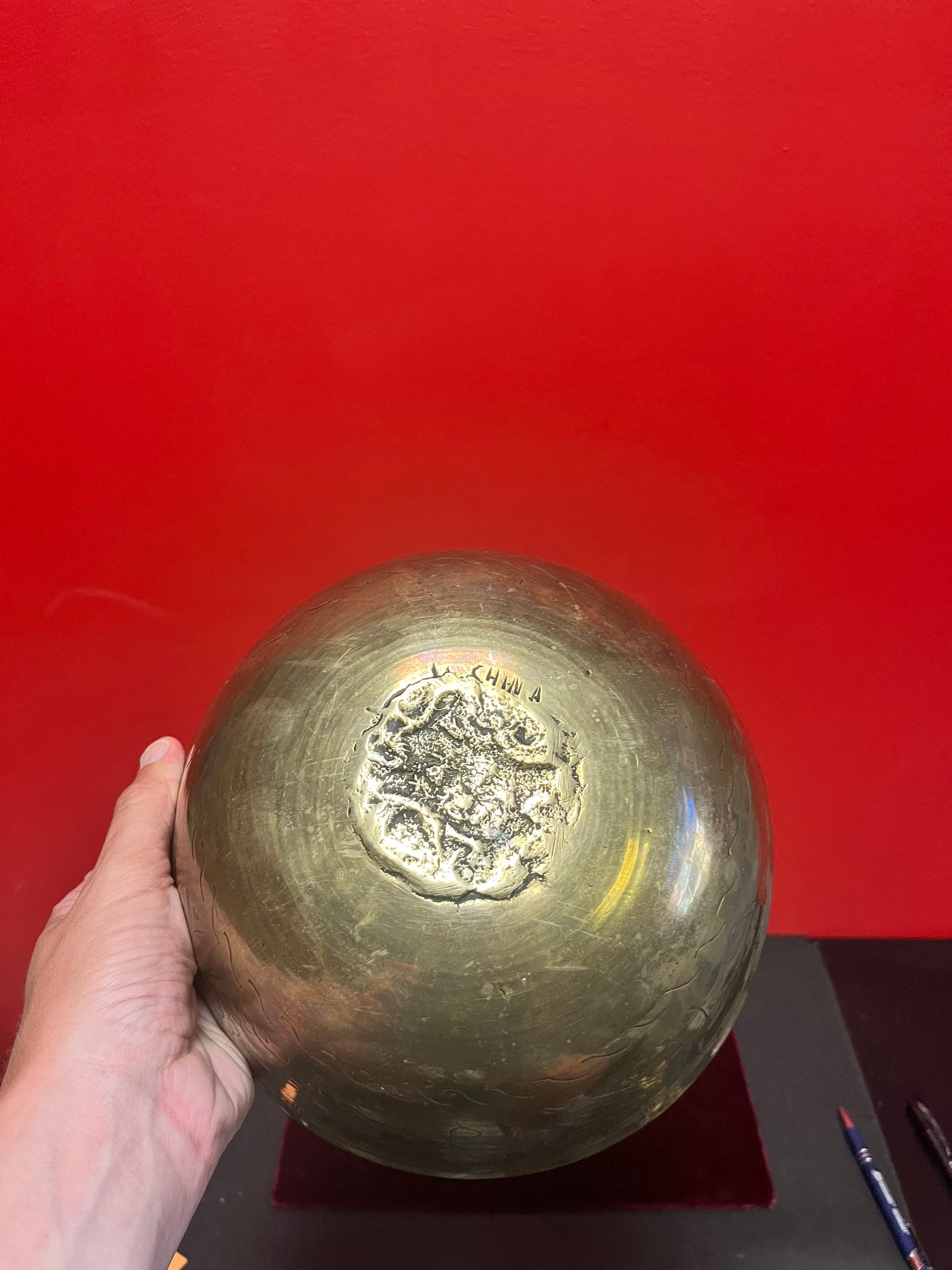 Chinese old 9 inch heavy brass bowl  dragons galore