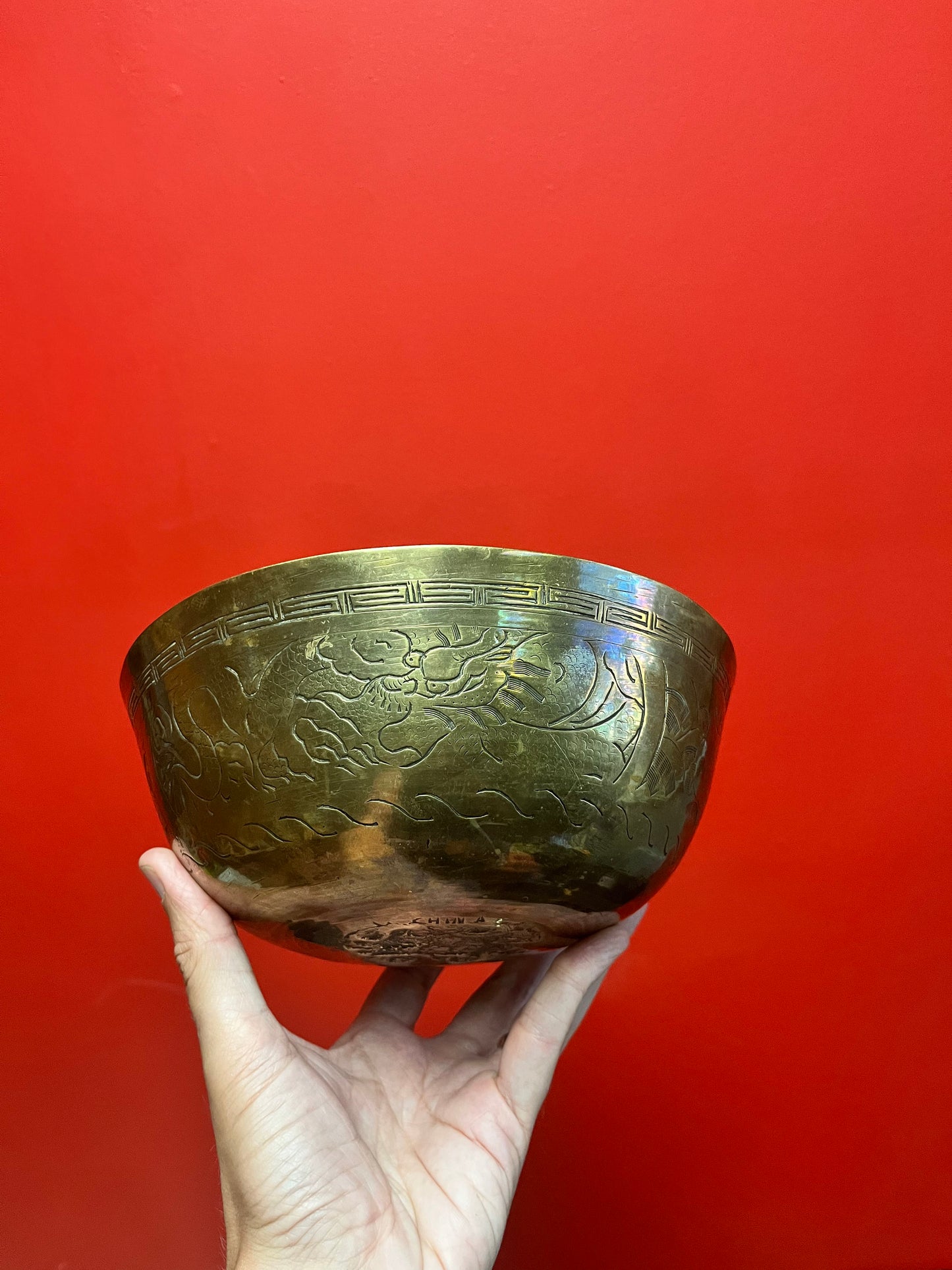Chinese old 9 inch heavy brass bowl  dragons galore