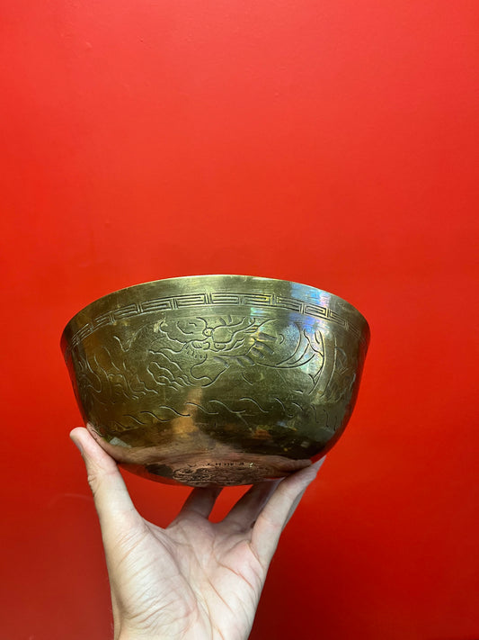 Chinese old 9 inch heavy brass bowl  dragons galore