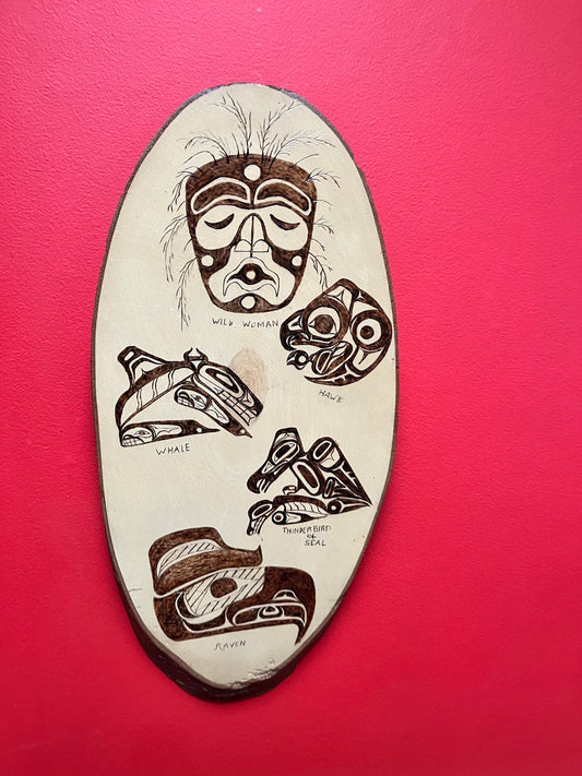 A 21 x 10 live edge, wood indigenous, first nations pacific northwest coast plaque  collaboration piece signed on back