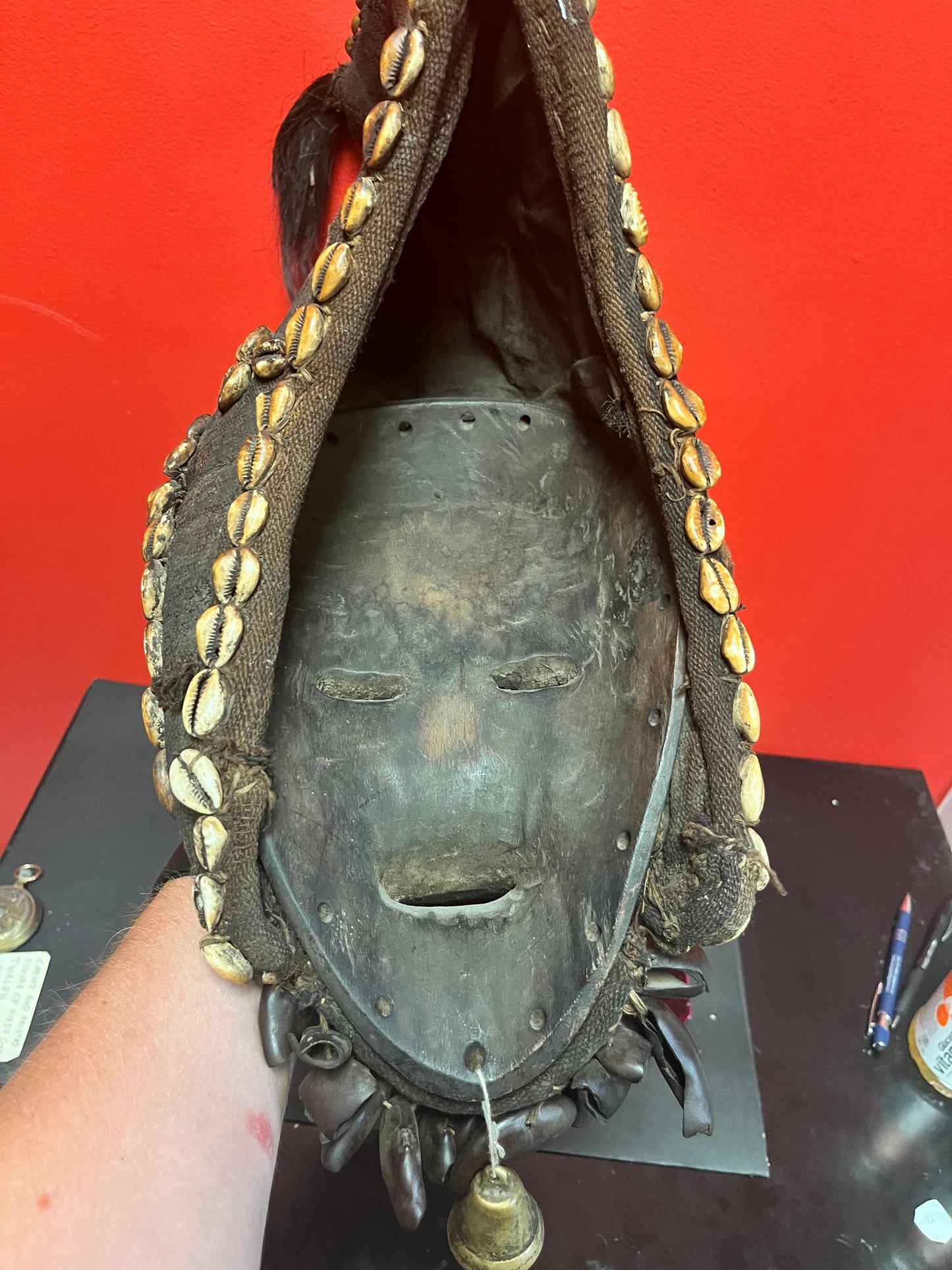 22 x 5 ancient museum quality western African mask with puka shells  ceremonial and very rare  wonderful condition