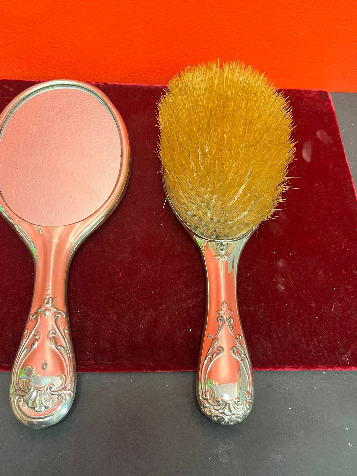 Stunning 10 inch long, English sterling cherub brush and mirror set  good condition and great gift