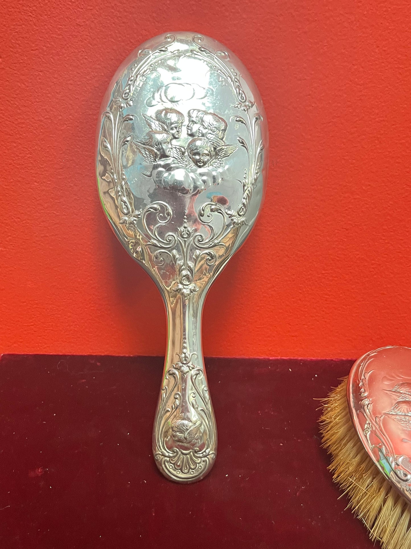 Stunning 10 inch long, English sterling cherub brush and mirror set  good condition and great gift