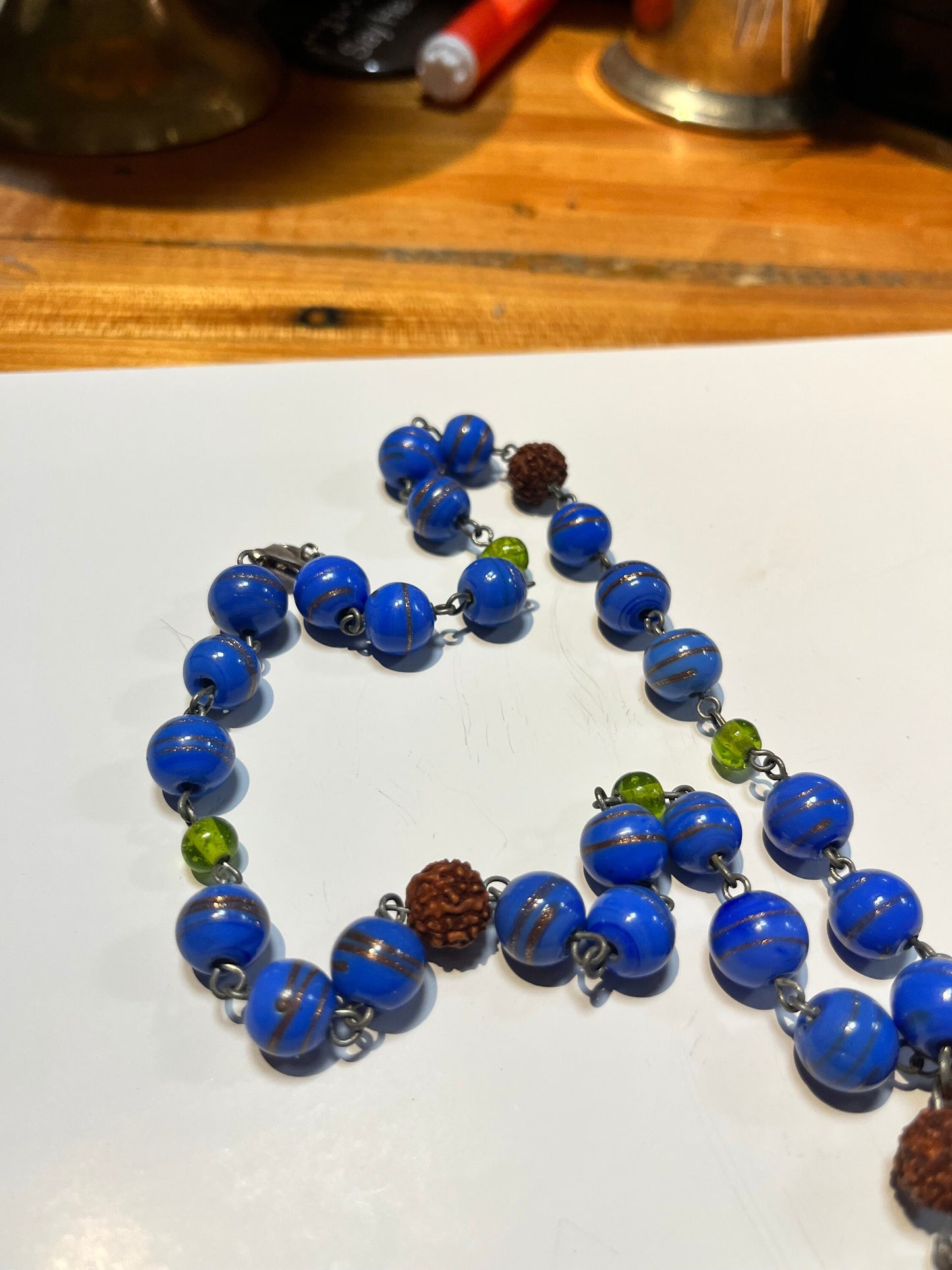 Approx 17 inch glass bead necklace with 1 inch cool pendant great gift