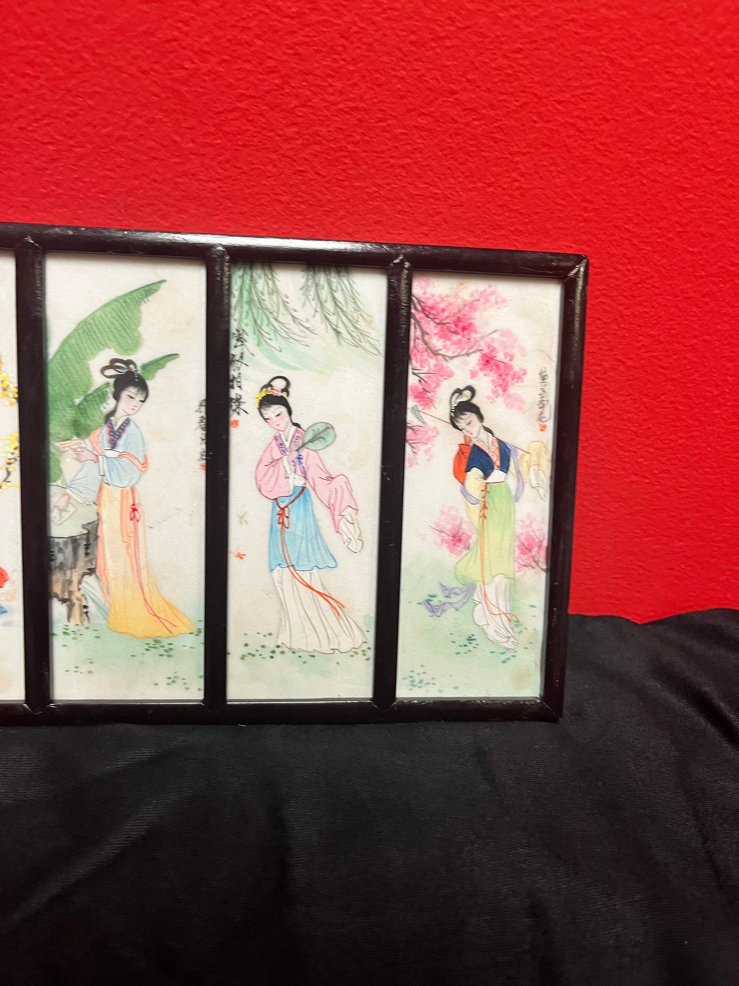 9 x 7 signed Chinese, four seasons, Rosewood and porcelain handpainted plaque