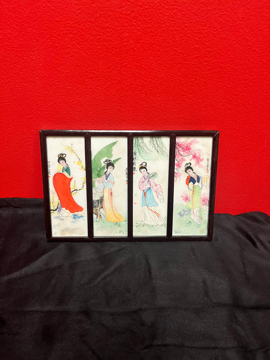 9 x 7 signed Chinese, four seasons, Rosewood and porcelain handpainted plaque