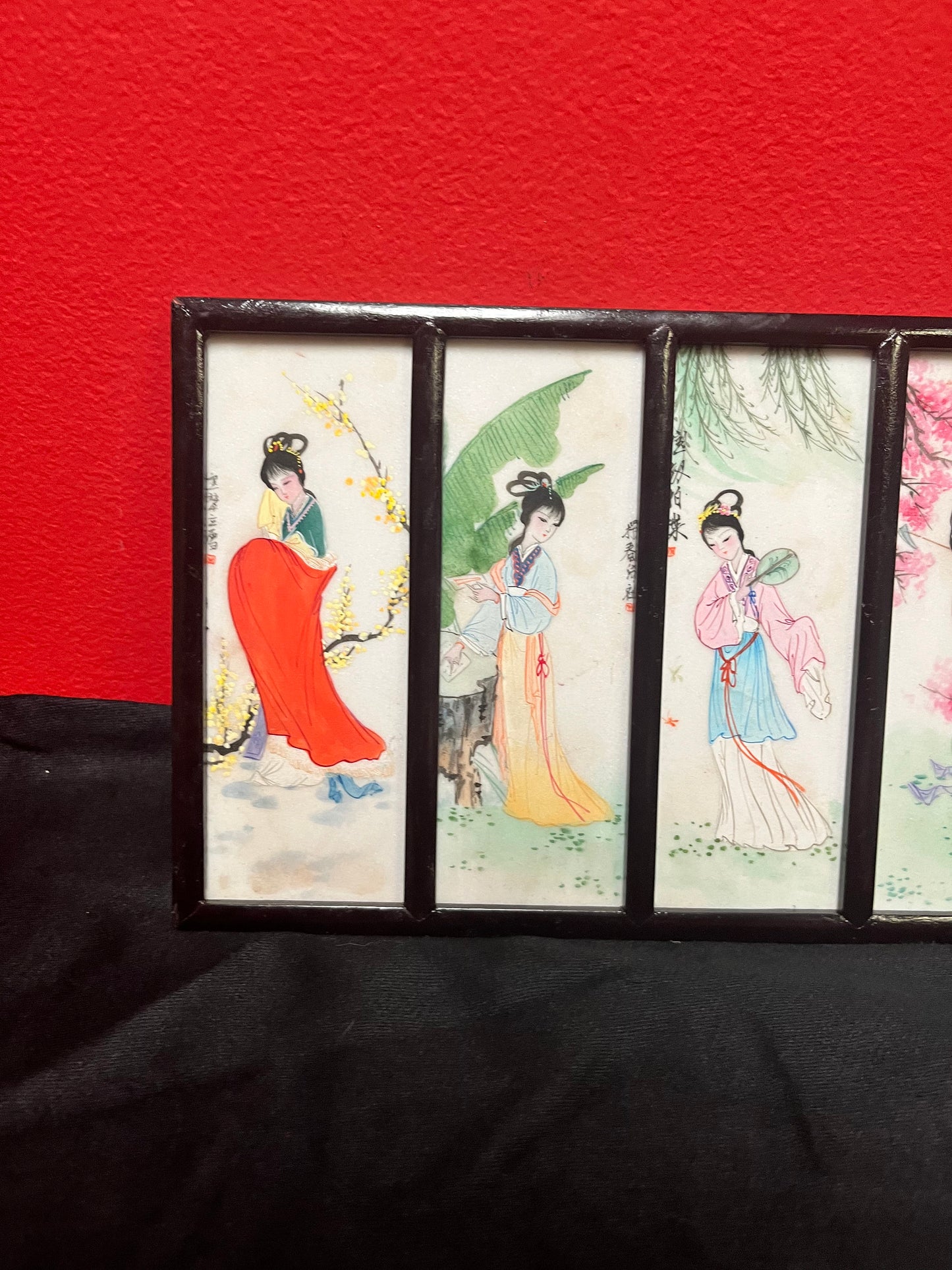 9 x 7 signed Chinese, four seasons, Rosewood and porcelain handpainted plaque