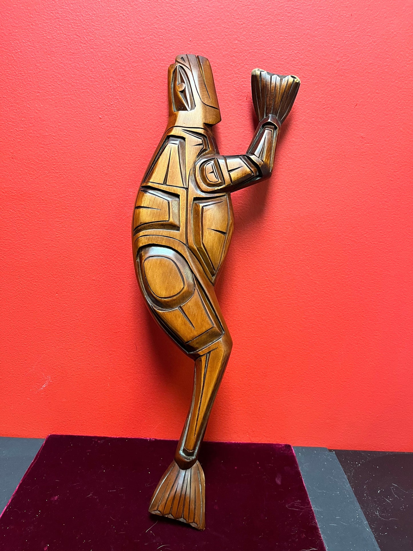 21 inch indigenous first nations pacific northwest coast signed frog man carving  great detail  wow