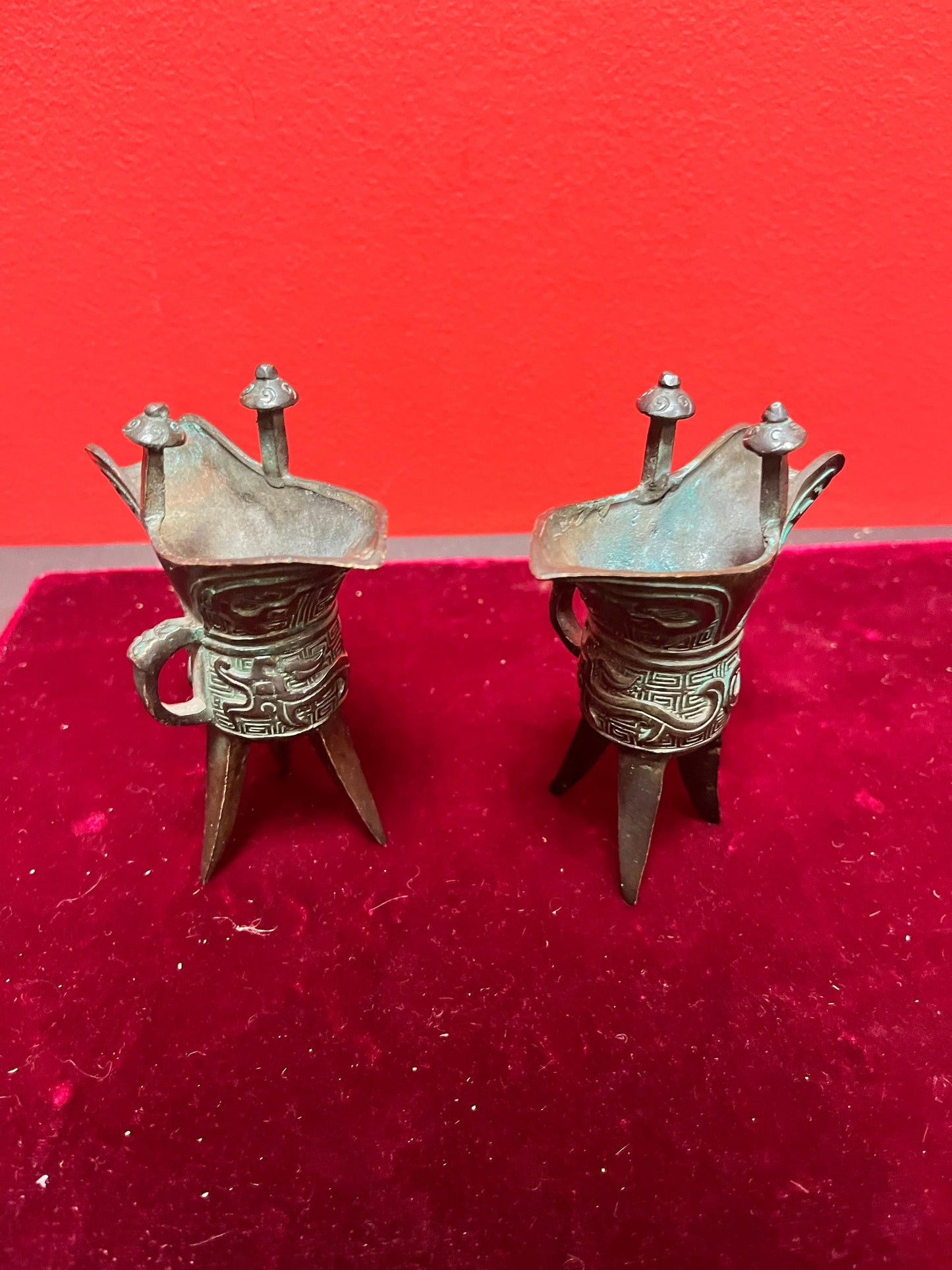 Pair of old Chinese, 5 inch high bronze vessels  wonderful Patina