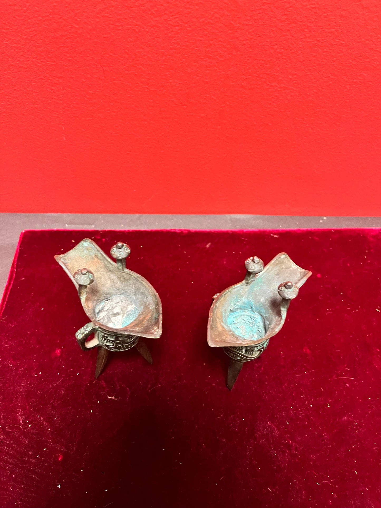 Pair of old Chinese, 5 inch high bronze vessels  wonderful Patina