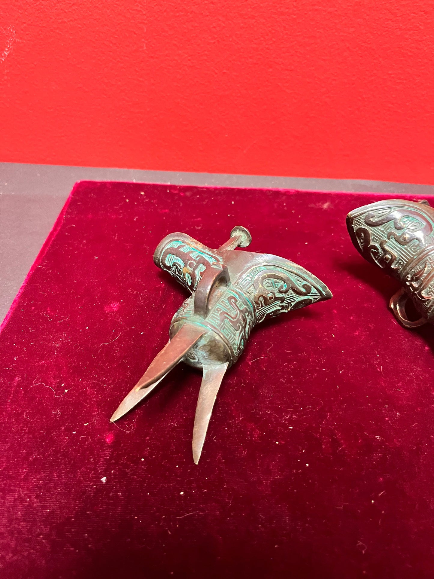 Pair of old Chinese, 5 inch high bronze vessels  wonderful Patina