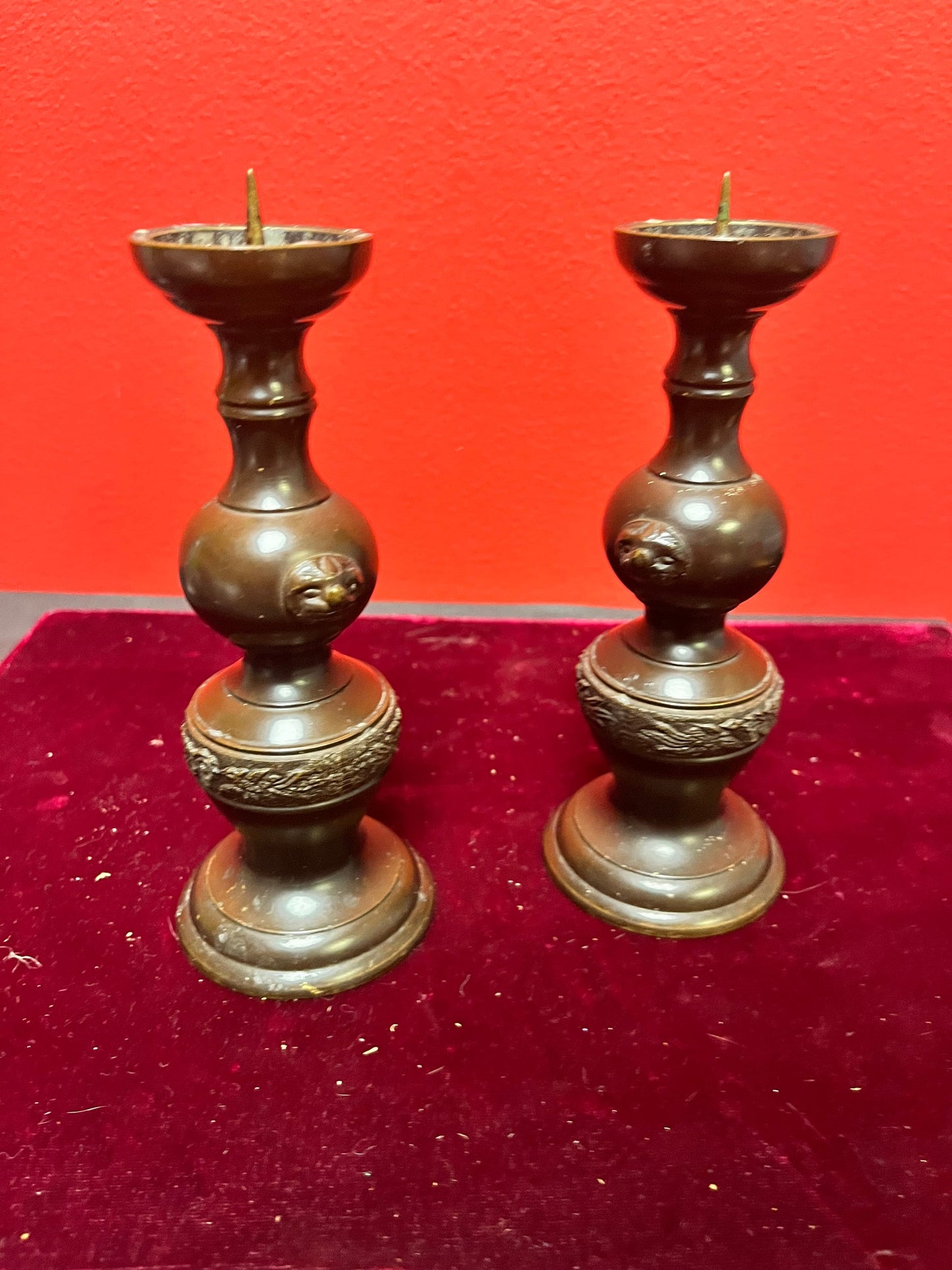 Lovely antique Japanese Meiji bronze 6 inch high candlesticks - great condition and a super gift wow
