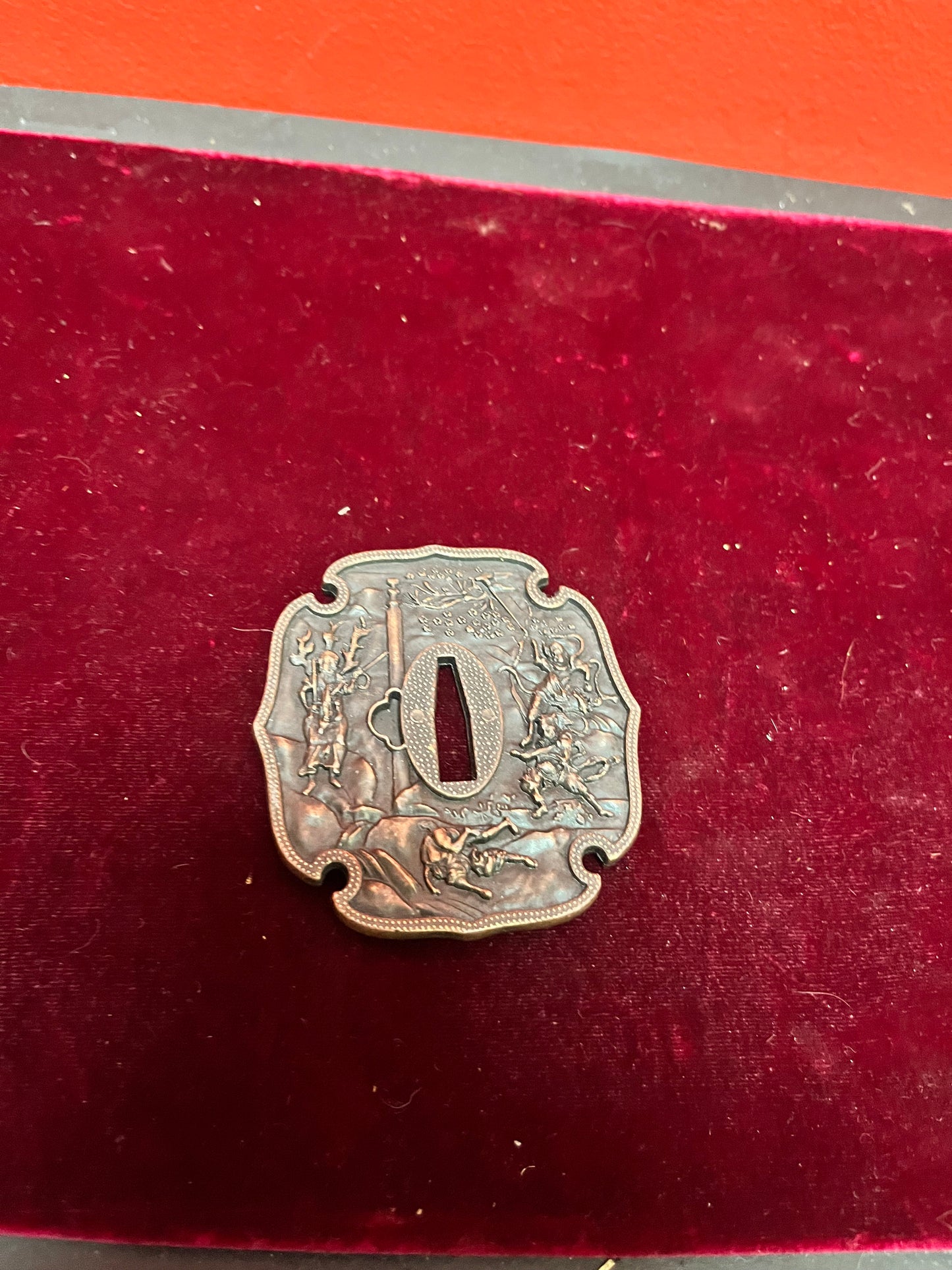 Very lovely antique authentic Japanese bronze 3 1/2 inch tall samurai tsuba  Great, Patina, and great condition