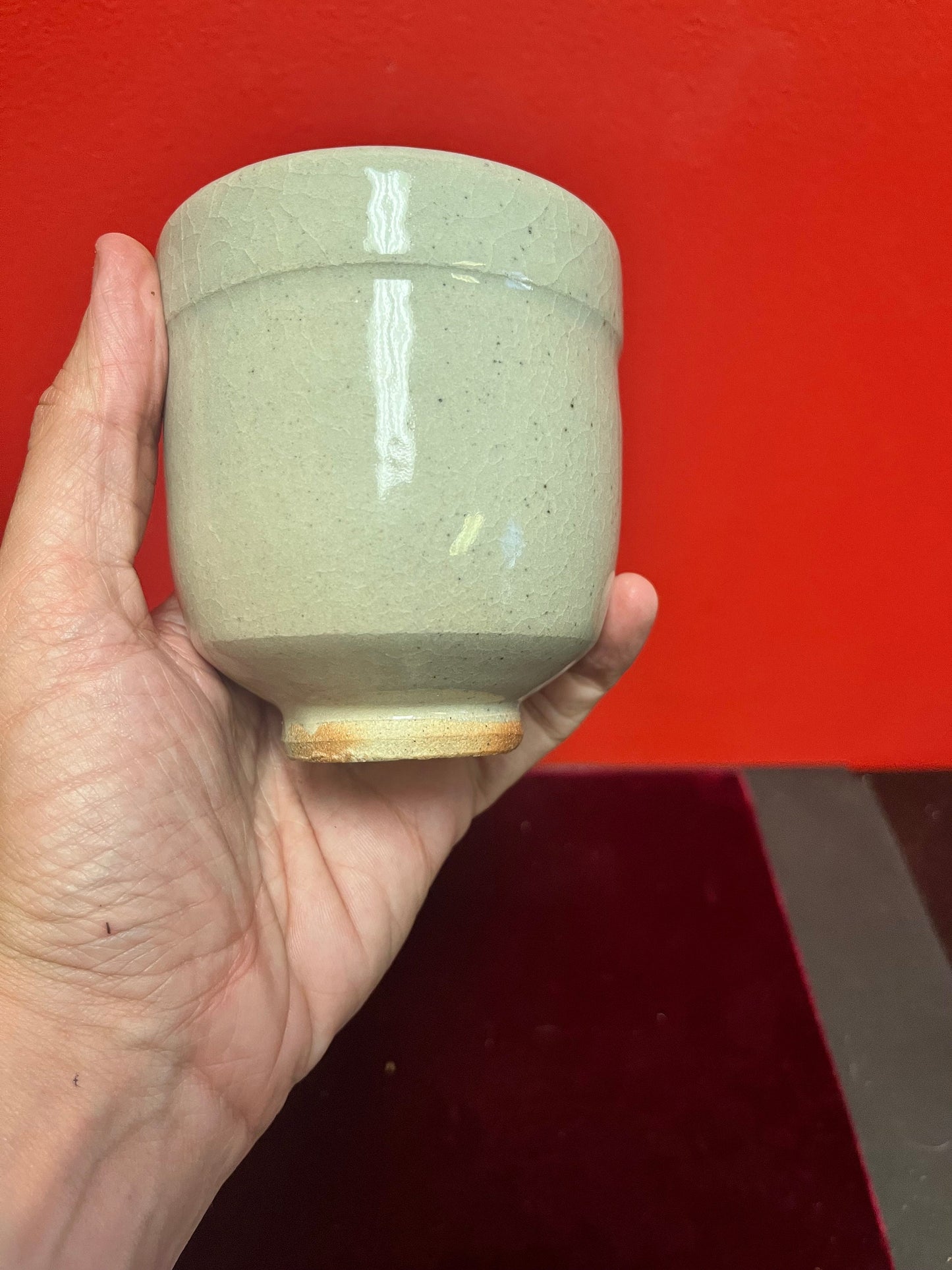 Lovely Japanese inspired  Vancouver Island artist Jesse Birch  celadon glazed tea cup  simple and inspiring design  perfect condition