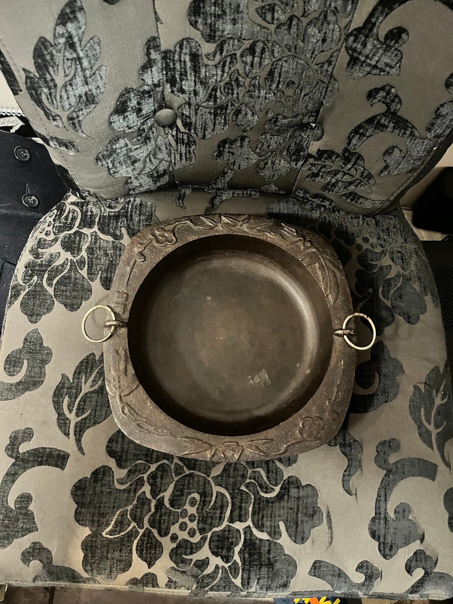 Stunning 11 inch across Japanese Bronze Antique ceremonial dish with handles signed  amazing patina  wow