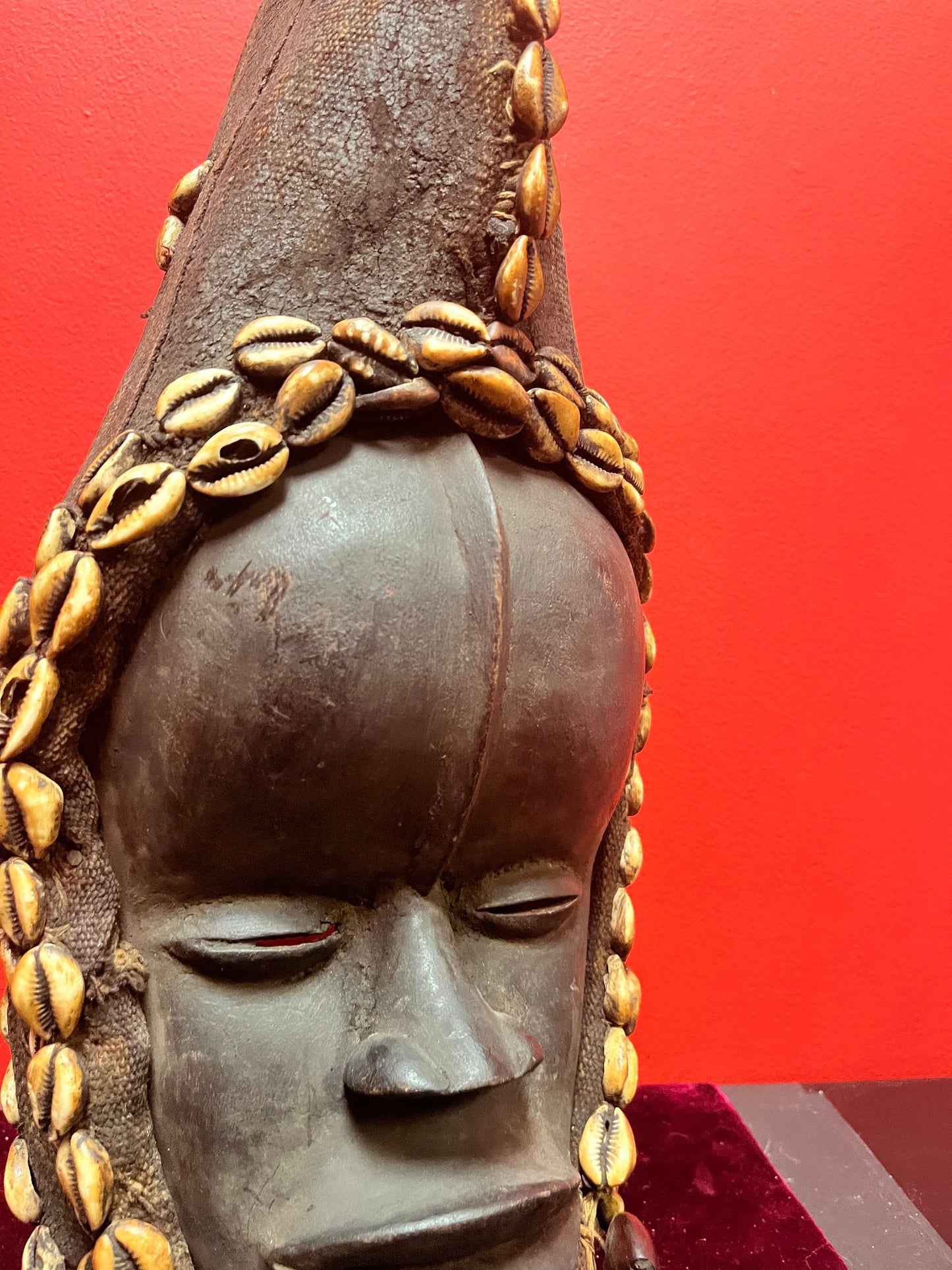 22 x 5 ancient museum quality western African mask with puka shells  ceremonial and very rare  wonderful condition