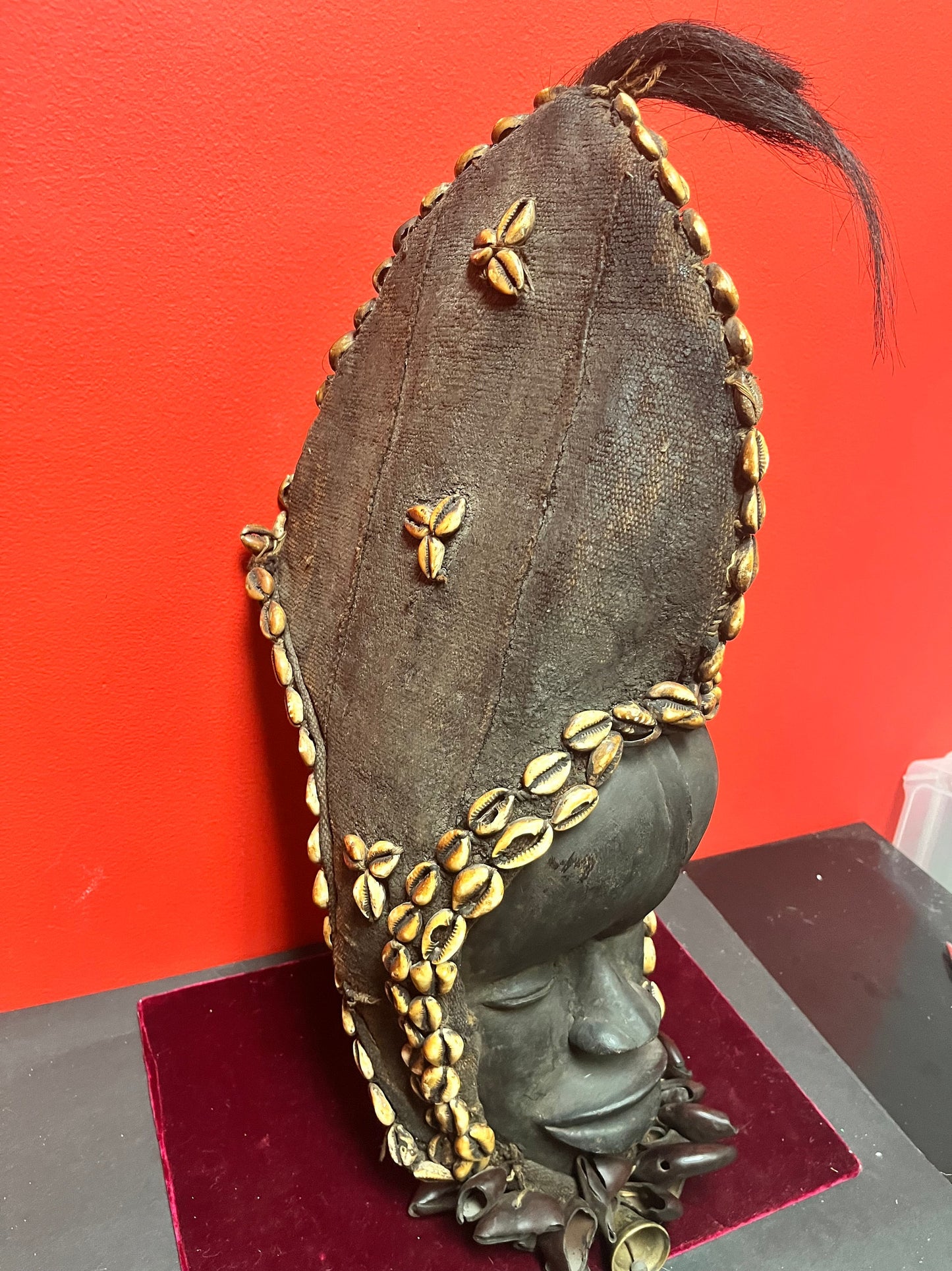 22 x 5 ancient museum quality western African mask with puka shells  ceremonial and very rare  wonderful condition