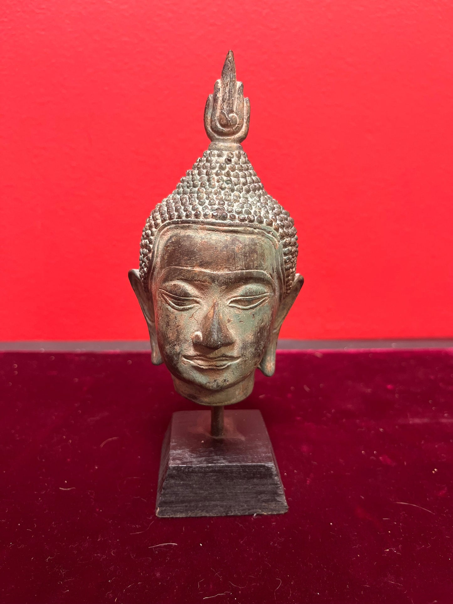 Lovely 7 inch old Thai bronze serene Buddha head on base  Fabulous Patina and quality