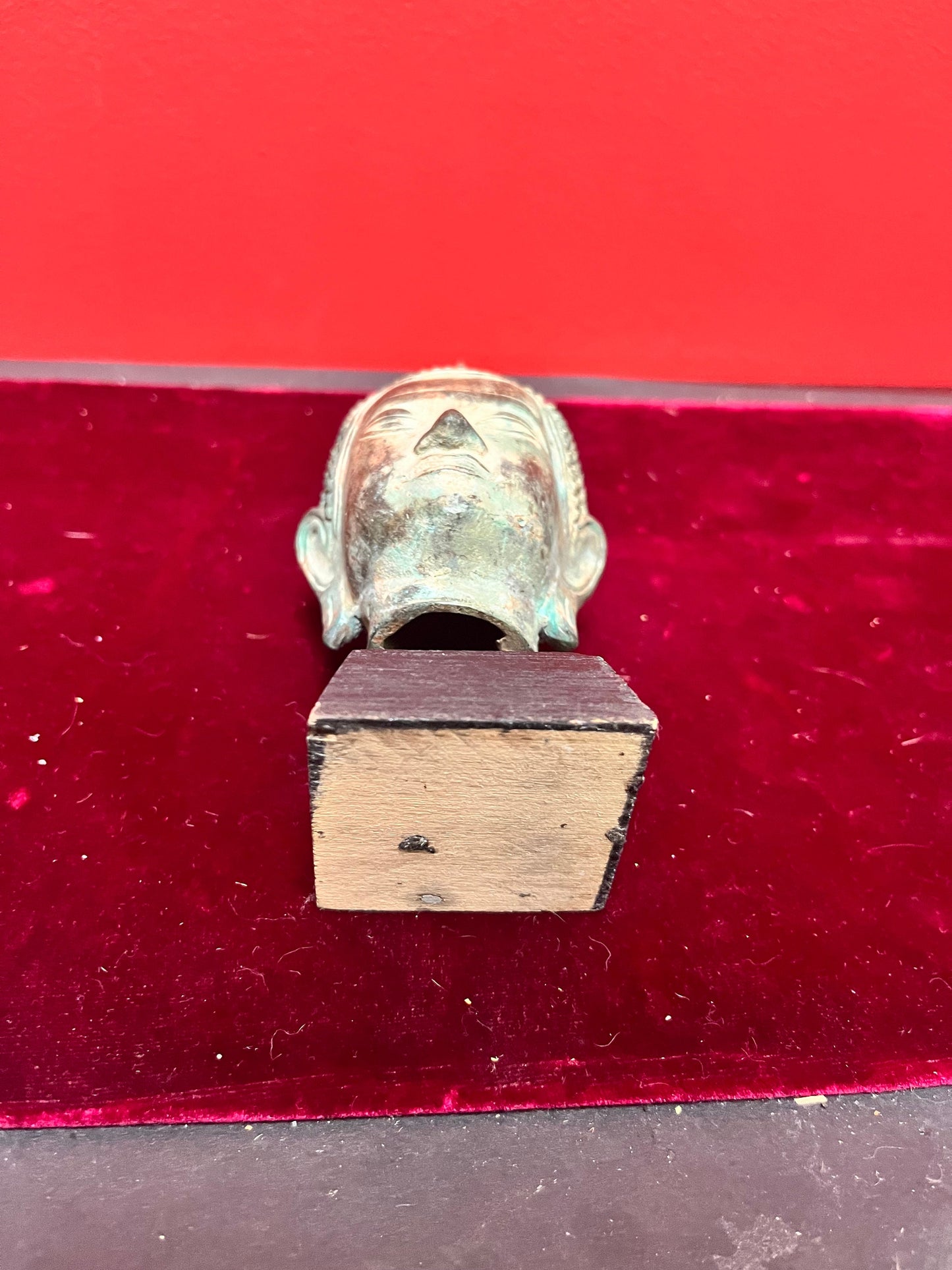 Lovely 7 inch old Thai bronze serene Buddha head on base  Fabulous Patina and quality