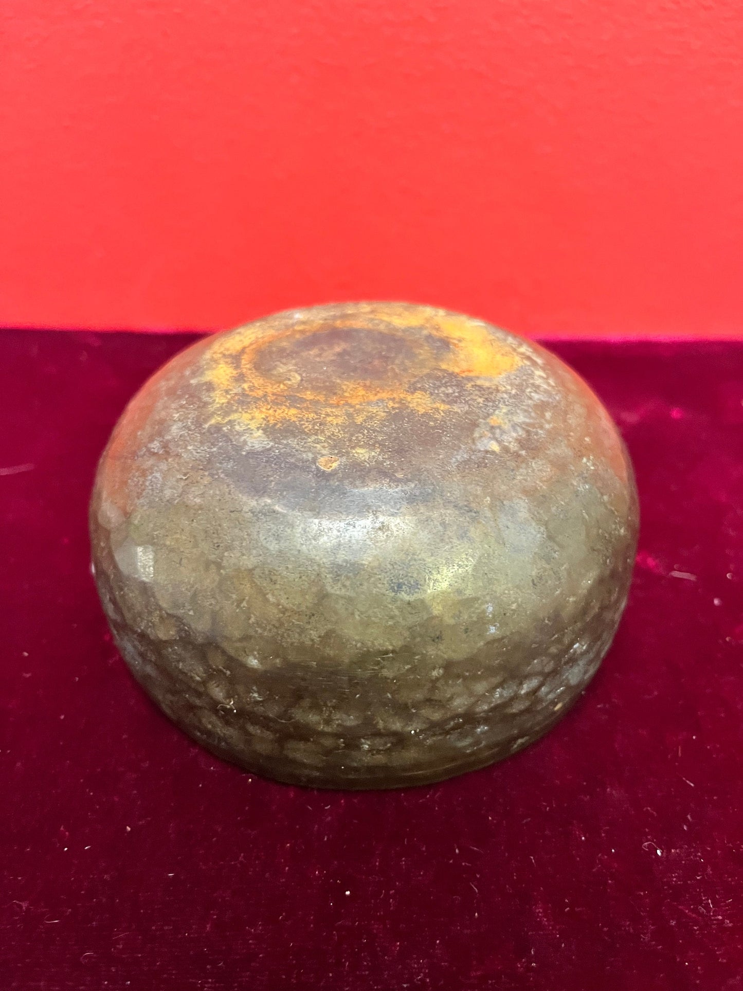 A  4 1/2 x 2 fabulous ancient ceremonial bronze singing bowl owl stick  wonderful Patina and so much character -