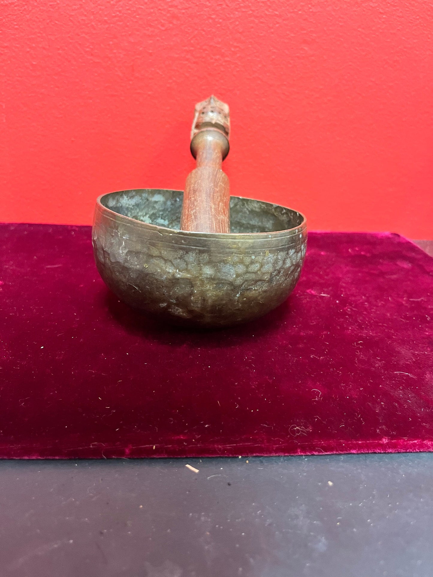 A  4 1/2 x 2 fabulous ancient ceremonial bronze singing bowl owl stick  wonderful Patina and so much character -