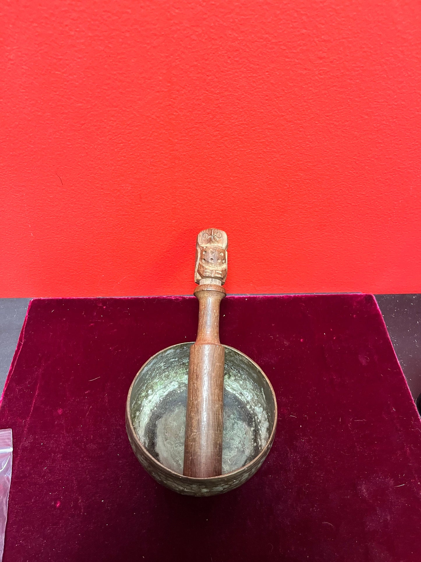 A  4 1/2 x 2 fabulous ancient ceremonial bronze singing bowl owl stick  wonderful Patina and so much character -