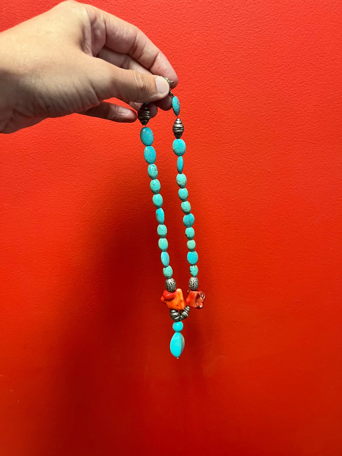 Approximately 20 inch long, turquoise and silver necklace