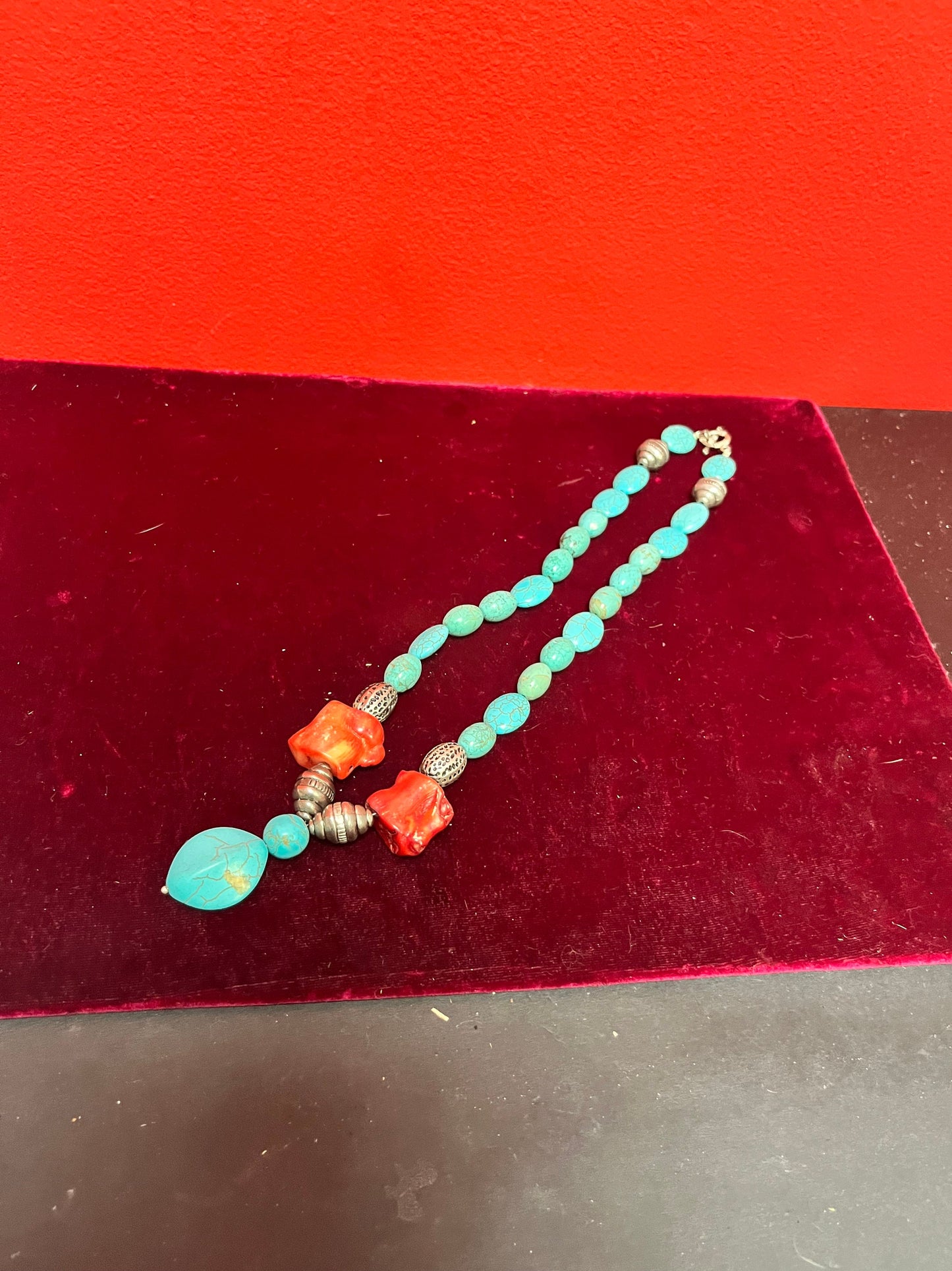 Approximately 20 inch long, turquoise and silver necklace